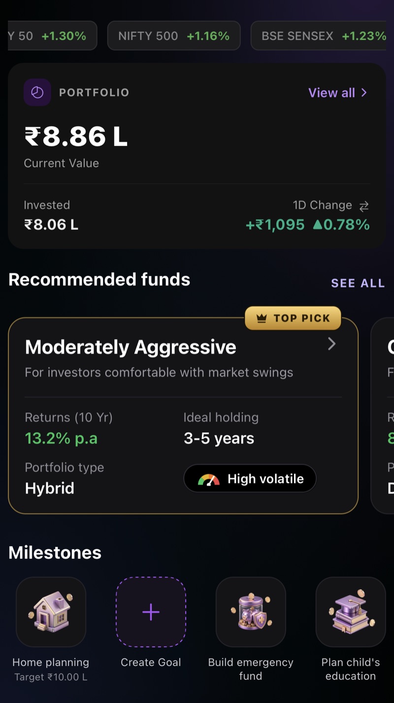 Home: Your portfolio's value and day change, at a glance.